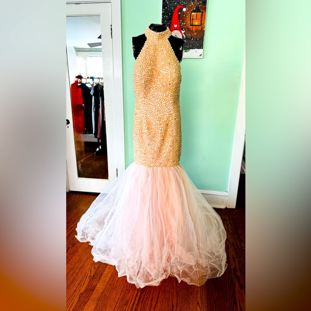 Sparkling Gold Sequin Halter Mermaid Prom Dress with Blush Tulle Skirt